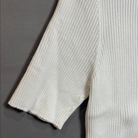 Marled Ribbed Knit Polo Top XL White Short Sleeve Rayon Blend Stretchy - Picture 5 of 9